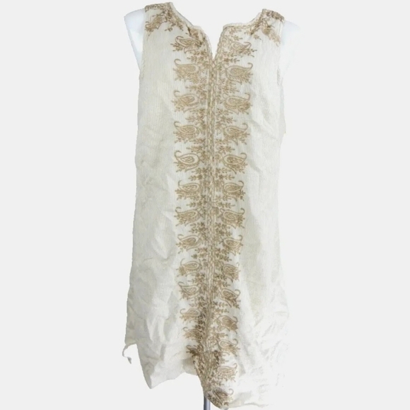 Eshakti Beige Striped Embroidered Shift Dress - Picture 1 of 3